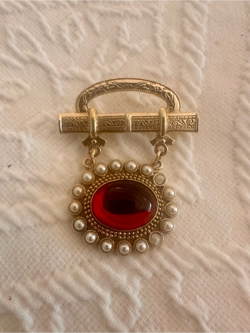 Gold-Tone Brooch with Red Cabochon and Pearl Accents